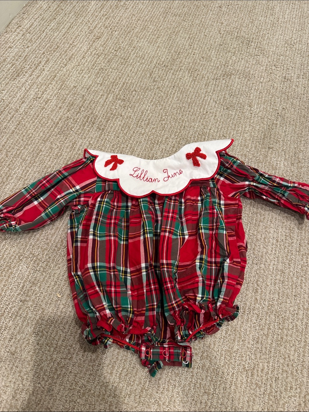 “Lillian June” Embroidered Plaid Baby Bubble Romper - Red & Green